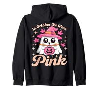 In October We Wear Pink Breast Cancer Awareness Witch Ghost Zip Hoodie