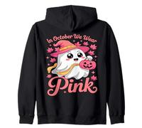 In October We Wear Pink Breast Cancer Awareness Witch Ghost Zip Hoodie