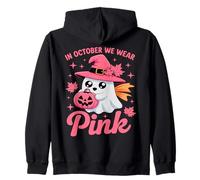 In October We Wear Pink Breast Cancer Awareness Witch Ghost Zip Hoodie