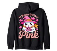 In October We Wear Pink Breast Cancer Awareness Witch Ghost Zip Hoodie