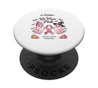 In October We Wear Pink Ghost Witch Breast Cancer Awareness PopSockets Adhesive PopGrip