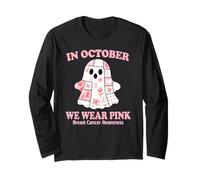 in October We Wear Pink Ribbon and Patchwork Ghost Awareness Long Sleeve T-Shirt