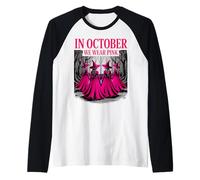 in October We Wear Pink Witch Breast Cancer Awareness Fall Raglan Baseball Tee