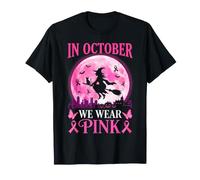 in October We Wear Pink Witch Full Moon Breast Cancer T-Shirt