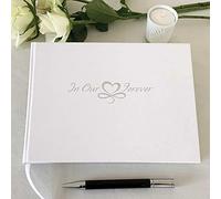 In Our Hearts Forever Condolence Book - 96 Blank Pages with Silver Edges & Storage Box - Hardcover Memorial Guest Book & Keepsake Pocket for Condolence Cards - Funeral Services (Pale Ivory, 218x160mm)