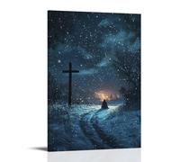 In The Silence of A Snowy Night, A Cross Glows in The Distance As A Traveler Kneels Beneath A Sky Full of Singing Stars. Wall Art Mural Modern Decoration Hanging Art Poster 12x18inch(30x45cm)