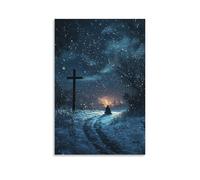 In The Silence of A Snowy Night, A Cross Glows in The Distance As A Traveler Kneels Beneath A Sky Full of Singing Stars. Wall Art Mural Modern Decoration Hanging Art Poster 08x12inch(20x30cm)