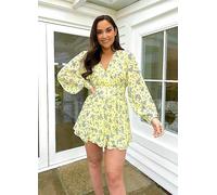 In The Style x Jac Jossa Yellow Printed Wrap Playsuit with Balloon Sleeves Yellow