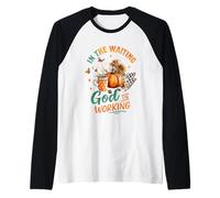 in The Waiting God is Working Cozy Fall Mug Raglan Baseball Tee
