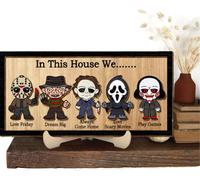 In This House We Horror Halloween, 2 Layered Frame Wood Sign, Halloween Signs, Wall Hanging Scary Decorations, Haunted Party, Spooky Movie Characters decor for Indoor Outdoor Wall Desk (STAND)