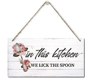 in This Kitchen We Lick The Spoon Sign,Wood Plaque Sign Wall Hanging,Home Decor,Vintage Funny Kitchen Decor Signs,Farmhouse Kitchen Decor Wall Sign 10x5 inch