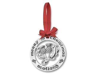 In4aDig Silver Plated 'Merry Christmas Scotland' Scottish Thistle Design Hanging Tree Decoration With Red Ribbon