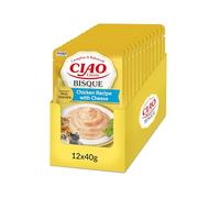 INABA Ciao Entrée Bisque, Wet Cat Food, Complete Balanced Meal with Chicken and Cheese, Creamy Puree made with Natural Ingredients, High Moisture, For Adult Cats, Value Pack, 12 Packs of 40g