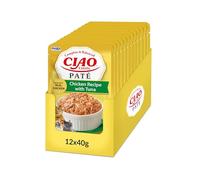 INABA Ciao Entrée Paté, Wet Cat Food, Complete Balanced Meal with Chicken and Tuna, Low-Calorie Smooth Paté made with Natural Ingredients, For Adult Cats, Value Pack, 12 Packs of 40g
