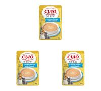 INABA Ciao Entrée Stew, Wet Cat Food, Complete Balanced Meal with Chicken Strips and Cheese, Rich and Creamy Stew Made with Natural Ingredients, High Moisture, For Adult Cats, 3 Pack of 40g