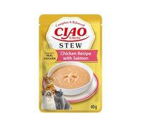 INABA Ciao Entrée Stew, Wet Cat Food, Complete Balanced Meal with Chicken Strips and Salmon, Rich and Creamy Stew Made with Natural Ingredients, High Moisture, For Adult Cats, 1 Pack of 40g