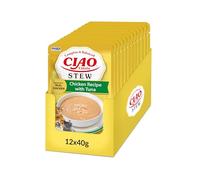 INABA Ciao Entrée Stew, Wet Cat Food, Complete Balanced Meal with Chicken Strips and Tuna, Creamy Stew Made with Natural Ingredients, High Moisture, For Adult Cats, Value Pack, 12 Packs of 40g