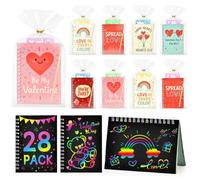 INACORN Valentines Day Cards for Kids Classroom - 28 Pack Rainbow Scratch Art Notebooks with Stencils & Pens, Non-Candy School Exchange Party Favors, DIY Craft Gifts for Boys Girls