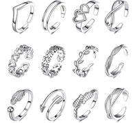 Inajoke 12 Pcs Adjustable Silver Open Rings Set Toe Rings Stackable Finger Joint Thumb Rings Beach Jewelry Heart Flower Arrow Design for Women Girls Gifts Friendship Everyday Wear