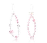 Inajoke 2pcs Phone Charm Bracelet Beaded Phone Strap Colorful Acrylic Mobile Charm Crystal Y2K Bear Bow Heart Flower Wrist Strap Handmade Anti-Lost Lanyard for Girls Teens Pink White