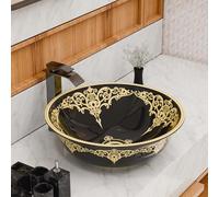 InArt Black and Gold Round Ceramic Countertop Basin, Glossy Vessel Bathroom Sink, 42 x 42 x 14 cm