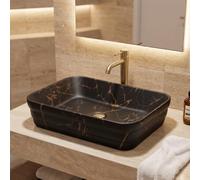 InArt Black Marble Vessel Sink, Rectangular Ceramic Countertop Wash Basin for Bathroom or Cloakroom, 50 x 35 x 13 cm
