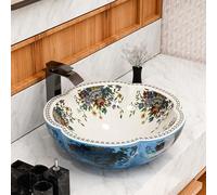 InArt Ceramic Countertop Sink, Blue, White and Multicolour Round Above-Counter Bathroom Basin, 41 x 41 x 14 cm