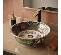 InArt Ceramic Countertop Sink, White, Green and Multicolour Round Above-Counter Bathroom Basin, 42 x 42 x 15 cm