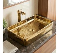 InArt Gold Countertop Wash Basin, Rectangular Ceramic Vessel Sink for Bathroom Vanity, 62 x 35 x 12 cm