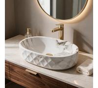 InArt Oval Vessel Bathroom Sink, White with Grey and Warm Taupe Ceramic Countertop Basin with Glossy Finish, 50 x 32 x 14 cm
