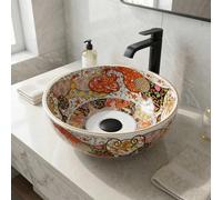 InArt Round Vessel Bathroom Sink, White Orange Ceramic Countertop Basin with Matt Finish, 40 x 40 x 14 cm