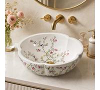 InArt Round Vessel Bathroom Sink, White with Multicolor Floral and Bird Design Ceramic Countertop Basin with Glossy Glazed Finish, 40.9 x 40.9 x 14 cm
