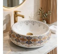 InArt White, Royal Blue and Champagne Gold Countertop Wash Basin, Round Ceramic Vessel Sink for Bathroom Vanity, 46 x 46 x 15 cm
