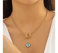 Inateannal Boho Evil Eye Necklace Open Circle Toggle Necklace Evil Eye Pendant Necklace Blue Eye Y Lariat Necklace Jewelry for Women and Girls（Gold）