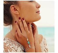 Inateannal Boho Layered Silver Turquoise Finger Ring Bracelet with Slave Chain - Beach Hand Chain Jewelry for Women and Girls