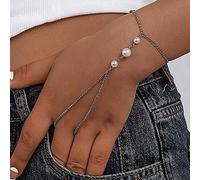 Inateannal Boho Pearl Finger Ring Bracelet Silver Pearl Slave Bracelet Pearl Finger Chain Bracelet Vintage Pearl Ring Wrist Bracelet Jewelry for Women and Girls