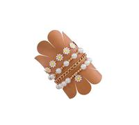 Inateannal Layered Pearl Stretch Bracelets Gold Pearl Beaded Stackable Bracelet White Daisy Flower Bracelet Paperclip Link Chain Bracelets Stackable Ball Hand Chain Jewelry for Women 4Pcs