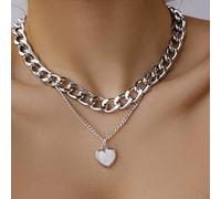 Inateannal Punk Layered Chunky Chain Necklaces Silver Cuban Link Necklace Chain Heart Opal Pendant Necklace Cuban Thick Flat Link Chain Choker Jewelry for Women and Girls