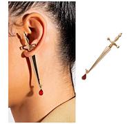 Inateannal Punk Sword Ear Jacket Earrings Gold Long Ruby Sword Stud Earrings Red Gemstone Earrings Gothic Dagger Earrings Jewelry for Women and Girls