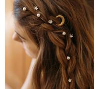 Inateannal Rhinestone Moon Star Hair Clip Gold Pearl Star Moon Hair Clip Set Bride Pearl Hair Bobby Pin Wedding Bobby Pins Decorative Prom Hair Accessories 5pcs