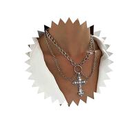 Inateannal Vintage Layered Crystal Cross Necklace Punk Cz Cross Pendant Necklace Silver Circle Choker Necklace Chunky Cuban Chain Necklace Jewelry for Women and Girls
