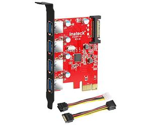 Inateck Superspeed 4 Ports PCI-E to USB 3.0 Expansion Card - Interface USB 3.0 4-Port Express Card Desktop with 15 pin SATA Power Connector, [ Include with A 4pin to 2x15pin Cable + A 15pin to 2x 15pin SATA Y-Cable ]