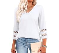 Inauguratei V Neck T Shirts, 2025 New Womens 3/4 Lace Length Sleeve Tops Trendy V Neck T Shirts, Knitted Casual Hollow Top. (Blue,M)