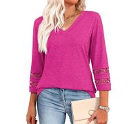 Inauguratei V Neck T Shirts, 2025 New Womens 3/4 Lace Length Sleeve Tops Trendy V Neck T Shirts, Knitted Casual Hollow Top. (Purple,M)