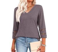 Inauguratei V Neck T Shirts, 2025 New Womens 3/4 Lace Length Sleeve Tops Trendy V Neck T Shirts, Knitted Casual Hollow Top. (Gray,L)