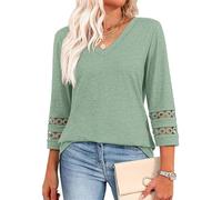 Inauguratei V Neck T Shirts, 2025 New Womens 3/4 Lace Length Sleeve Tops Trendy V Neck T Shirts, Knitted Casual Hollow Top. (Pink,M)