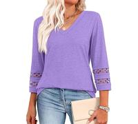 Inauguratei V Neck T Shirts, 2025 New Womens 3/4 Lace Length Sleeve Tops Trendy V Neck T Shirts, Knitted Casual Hollow Top. (Black,XXL)