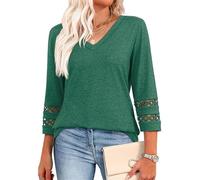 Inauguratei V Neck T Shirts, 2025 New Womens 3/4 Lace Length Sleeve Tops Trendy V Neck T Shirts, Knitted Casual Hollow Top. (Light Blue,L)
