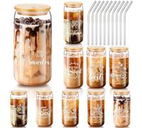 Inbagi 10 Sets Employee Appreciation Gifts 16 oz Inspirational Glass Drinking Cups with Lids Straws Thank You Gifts for Team Coworker Housekeeping Staff Teacher(Praise)