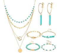 Inbagi 3 Pcs Boho Western Jewelry for Women Turquoise Jewelry Set Vintage Earrings Bracelet Western Bohemian Necklace for Women Cowboy Cowgirls, as pictures shown, turquoise, alloy, No Gemstone